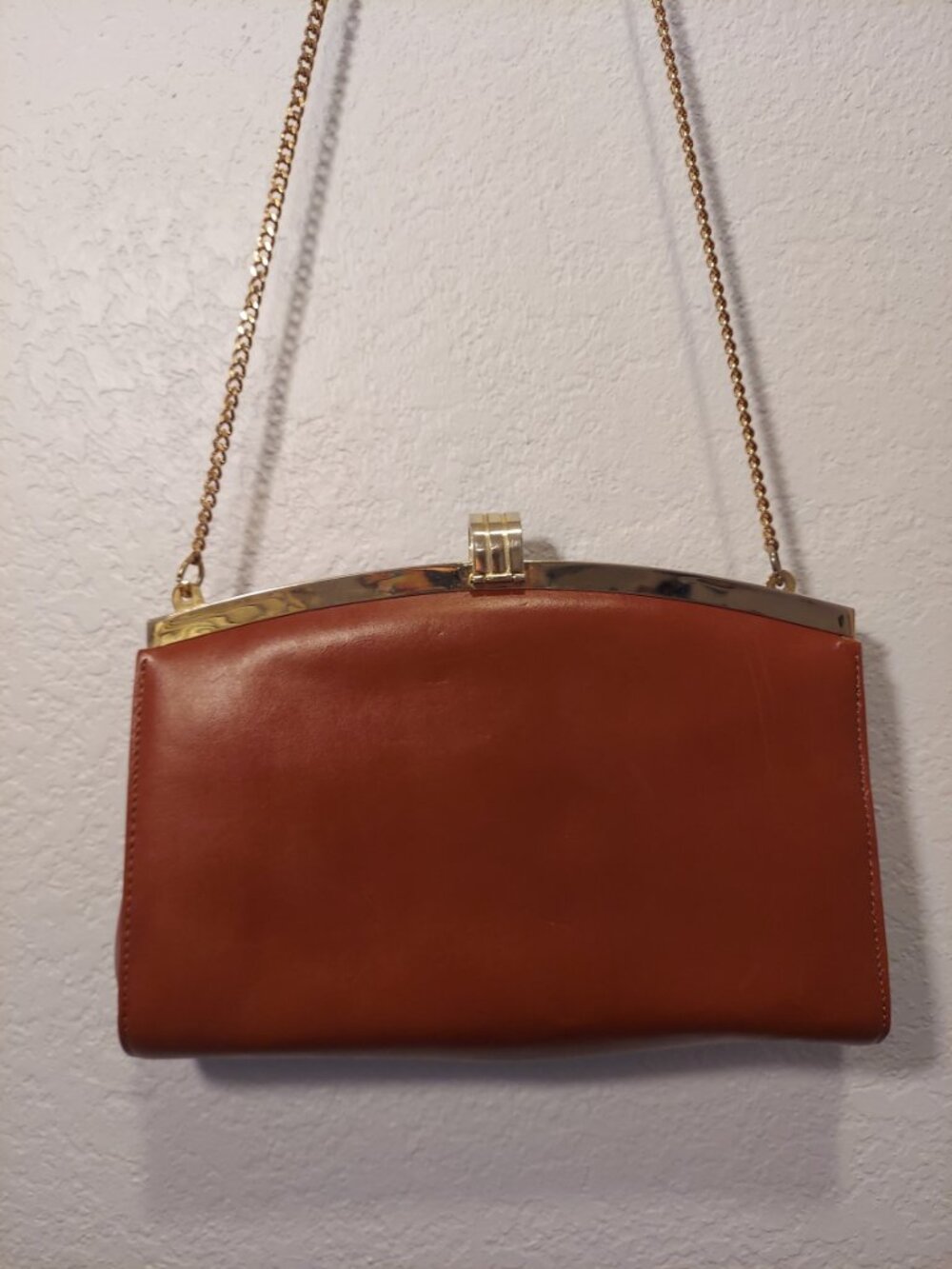 Vintage Argentine Leather Snakeskin Clutch Purse Brown Gold Chain - Picture 11 of 14